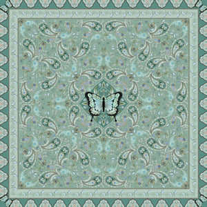 Beach mat that is sand free, lightweight, absorbent, fast drying and made from 85% recycled plastic bottles in teal butterfly paisley print