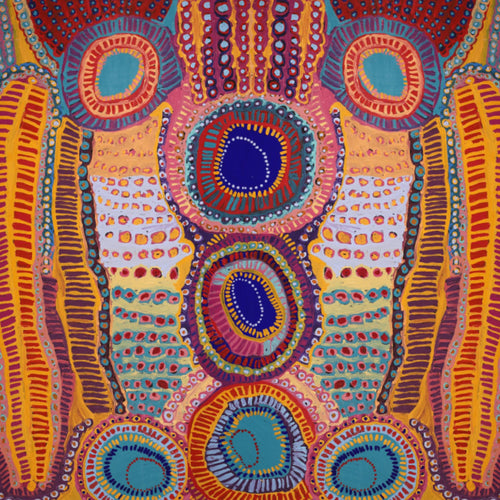 Beach mat that is sand free, lightweight, absorbent, fast drying and made from 85% recycled plastic bottles in Indigenous Australian colourful print