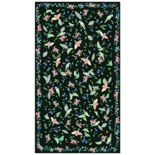 Load image into Gallery viewer, Beach towel that is sand free, lightweight, absorbent, fast drying and made from 85% recycled plastic bottles in parrot and flora print on black background
