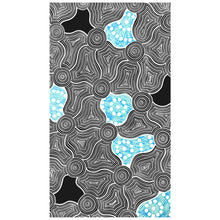 Load image into Gallery viewer, Beach towel that is sand free, lightweight, absorbent, fast drying and made from 85% recycled plastic bottles in Indigenous Australian black white and blue art print
