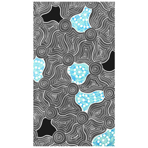Beach towel that is sand free, lightweight, absorbent, fast drying and made from 85% recycled plastic bottles in Indigenous Australian black white and blue art print
