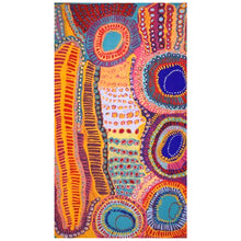 Load image into Gallery viewer, Beach towel that is sand free, lightweight, absorbent, fast drying and made from 85% recycled plastic bottles in Indigenous Australian colourful art print
