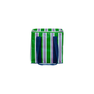 Large cooler bag with high quality insulation and zips in a green white pink and blue striped print