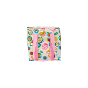 Large cooler bag with high quality insulation and zips in a bright fruit stickers print