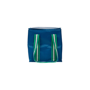 Large cooler bag with high quality insulation and zips in a navy blue with green and white striped handles