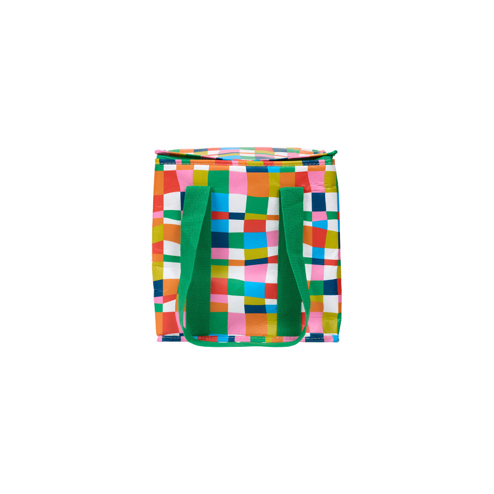 Large cooler bag with high quality insulation and zips in a bright rainbow geometric print