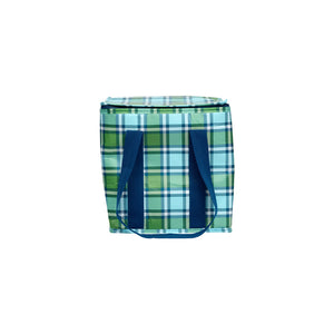 Large cooler bag with high quality insulation and zips in a blue and green tartan print