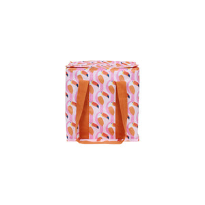 Large cooler bag with high quality insulation and zips in a orange pink and white toucan print