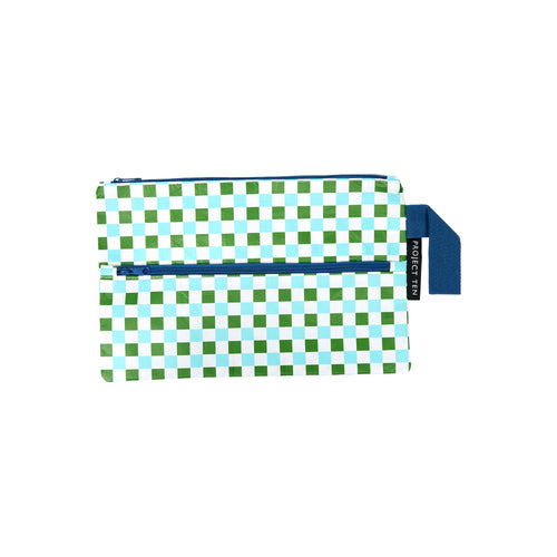 Double zip pouch made from lights and strong recycled plastic materials and in blue, white and green check print