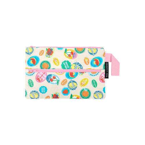 Double zip pouch made from lights and strong recycled plastic materials and in bright funky fruit stickerscolour