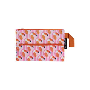 Double zip pouch made from lights and strong recycled plastic materials and in pink orange and white toucan print