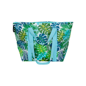 Pool or beach bag with zip made from strong and lightweight recycled materials  with thick and comfy shoulder and hand straps with internal valuables pocket in a bight and fun print