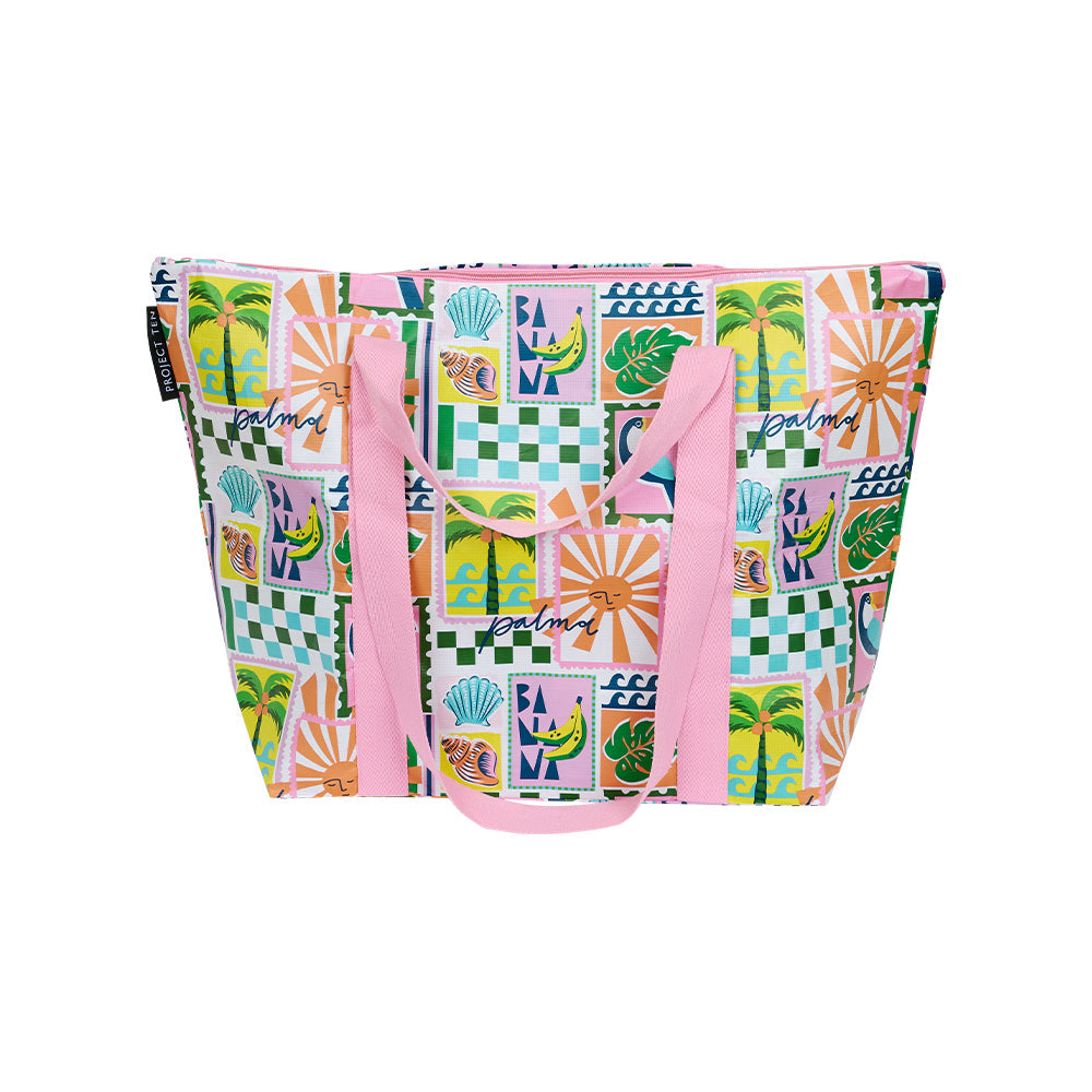 Pool or beach bag with zip made from strong and lightweight recycled materials  with thick and comfy shoulder and hand straps with internal valuables pocket in a bight and fun print