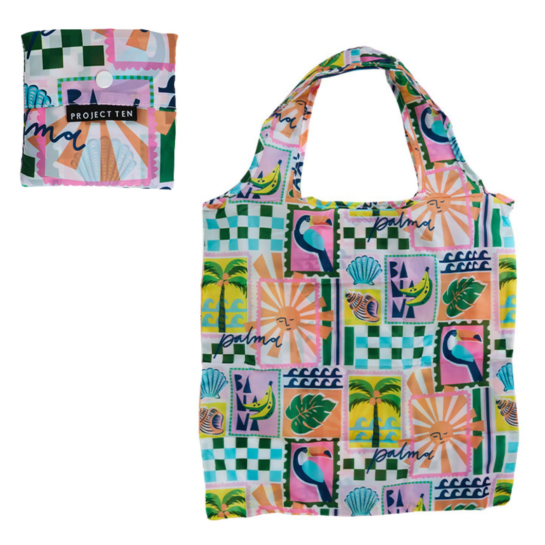 Strong reusable foldable shopping bag in fun and colourful print