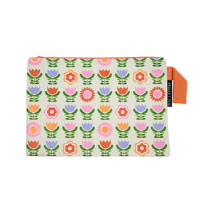 Large zip pouch made from recycled plastic materials in a floral print on beige base