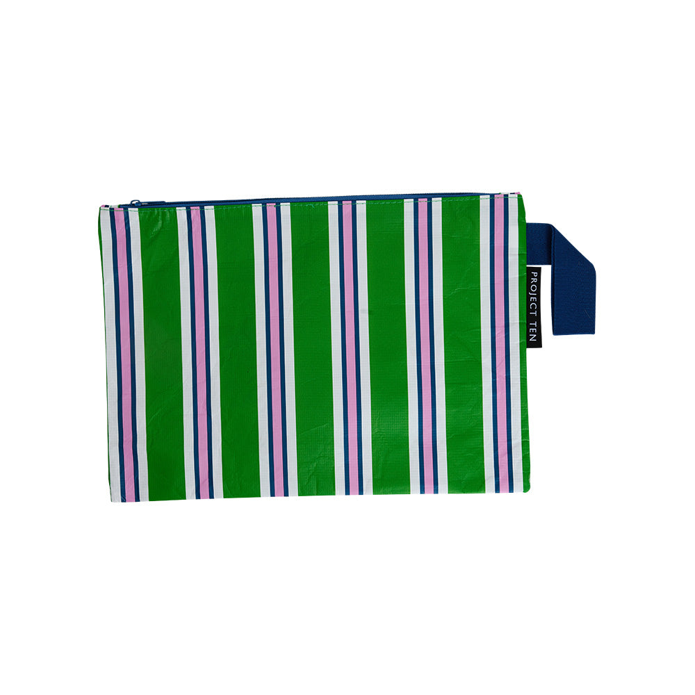 Large zip pouch made from recycled plastic materials in a green white pink and blue striped print