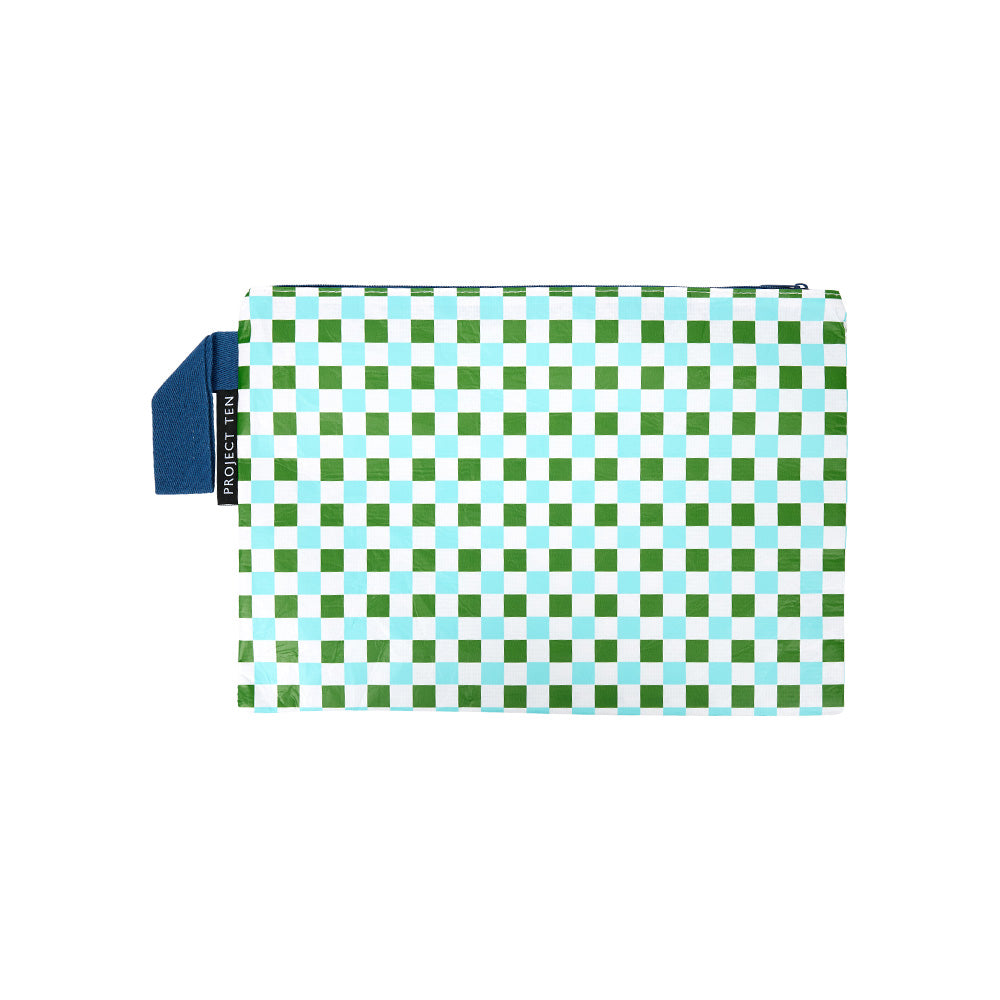 Large zip pouch made from recycled plastic materials in a white blue and green checkers print