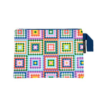 Load image into Gallery viewer, Large zip pouch made from recycled plastic materials in a colourful crochet print
