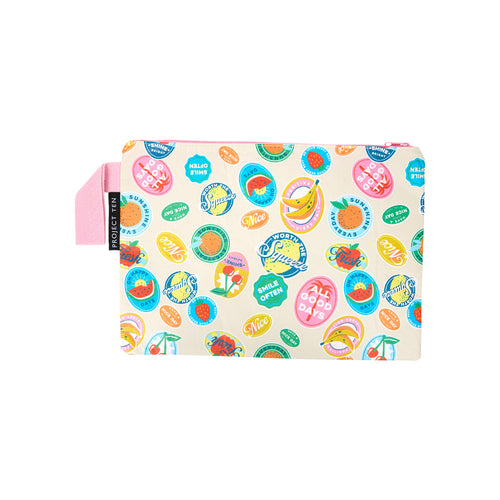 Large zip pouch made from recycled plastic materials in a colourful fruit stickers print