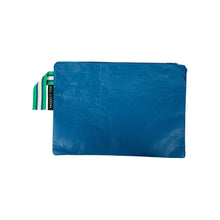 Load image into Gallery viewer, Large zip pouch made from recycled plastic materials in a navy blue with green and white striped handle

