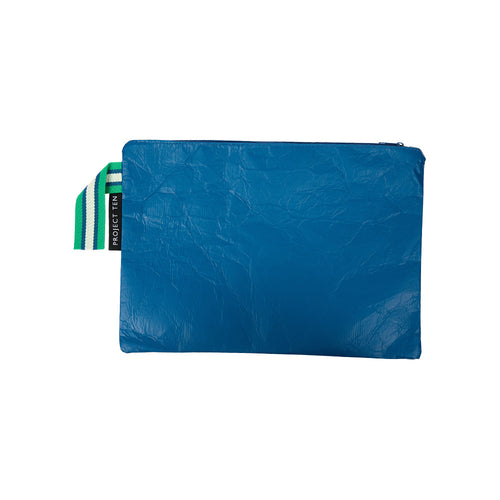 Large zip pouch made from recycled plastic materials in a navy blue with green and white striped handle