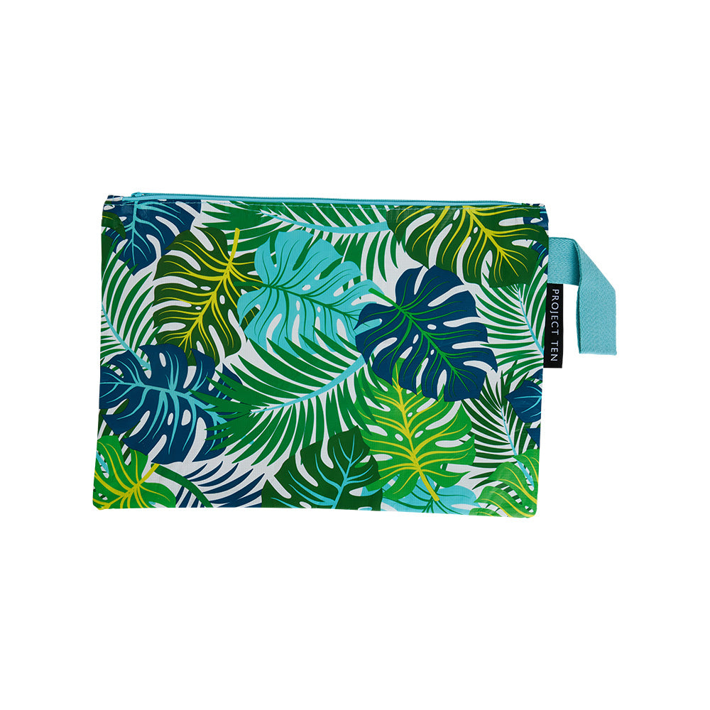 Large zip pouch made from recycled plastic materials in a palms print