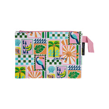 Load image into Gallery viewer, Large zip pouch made from recycled plastic materials in a colourful postcard print
