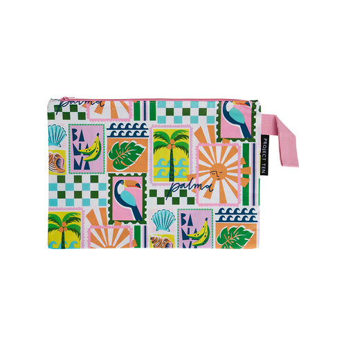 Large zip pouch made from recycled plastic materials in a colourful postcard print