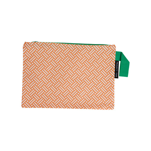 Large zip pouch made from recycled plastic materials in an orange and white rattan print