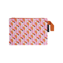 Load image into Gallery viewer, Large zip pouch made from recycled plastic materials in a pink orange and white toucan print
