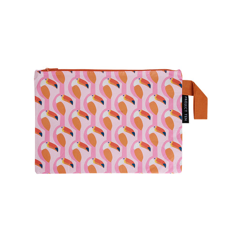 Large zip pouch made from recycled plastic materials in a pink orange and white toucan print