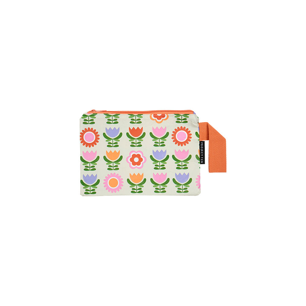 Mini zip pouch made from strong and light recycled materials with handy wrist strap in fun and bright colours and patterns
