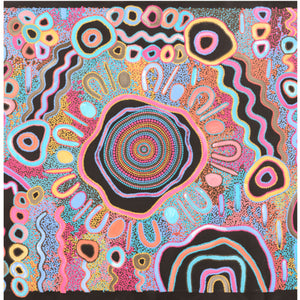 Beach mat that is sand free, lightweight, absorbent, fast drying and made from 85% recycled plastic bottles in Indigenous Australian colourful print