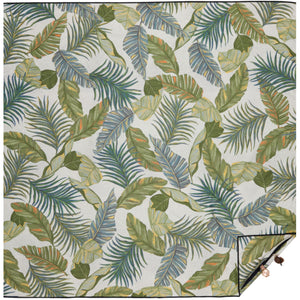 Beach mat that is sand free, lightweight, absorbent, fast drying and made from 85% recycled plastic bottles in palm leaf print