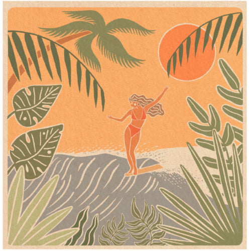 Beach mat that is sand free, lightweight, absorbent, fast drying and made from 85% recycled plastic bottles in Jungle surfer print