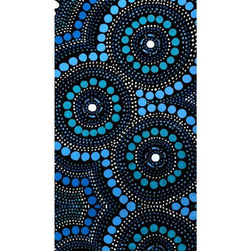 Beach towel that is sand free, lightweight, absorbent, fast drying and made from 85% recycled plastic bottles in blue, black and white Aussie Dreamtime print