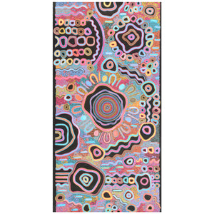 Beach towel that is sand free, lightweight, absorbent, fast drying and made from 85% recycled plastic bottles in Indigenous Australian colourful art print
