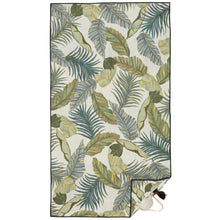 Load image into Gallery viewer, Beach towel that is sand free, lightweight, absorbent, fast drying and made from 85% recycled plastic bottles in green leaf print
