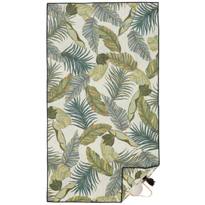 Beach towel that is sand free, lightweight, absorbent, fast drying and made from 85% recycled plastic bottles in green leaf print