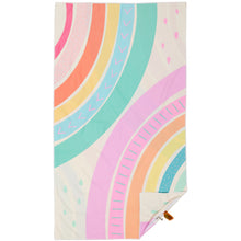 Load image into Gallery viewer, Beach towel that is sand free, lightweight, absorbent, fast drying and made from 85% recycled plastic bottles in pastel rainbow print
