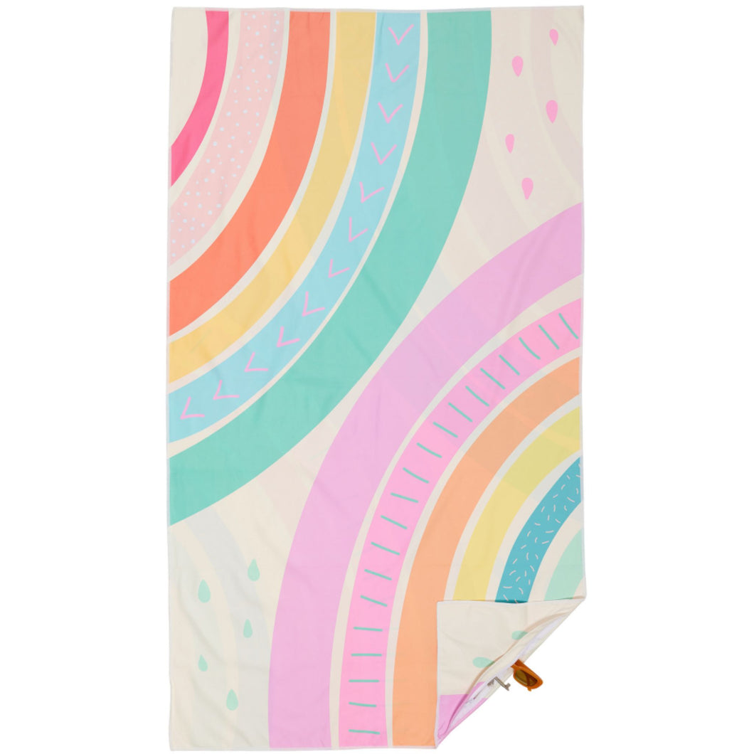 Beach towel that is sand free, lightweight, absorbent, fast drying and made from 85% recycled plastic bottles in pastel rainbow print