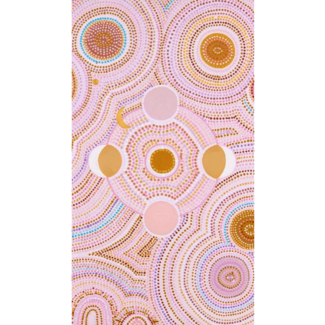 Beach towel that is sand free, lightweight, absorbent, fast drying and made from 85% recycled plastic bottles in pink based indigenous Australian art print by Natalia Jade