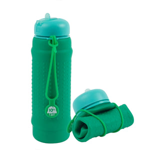 Collapsible water bottle in bright colours made from premium food grade silicone called a Rolla Bottle – leak proof and easy to clean