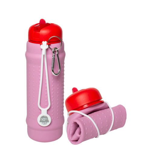Collapsible water bottle in bright colours made from premium food grade silicone called a Rolla Bottle – leak proof and easy to clean - pink red white