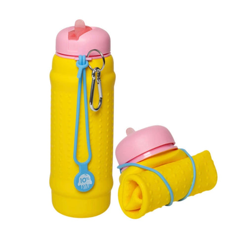 Collapsible water bottle in bright colours made from premium food grade silicone called a Rolla Bottle – leak proof and easy to clean