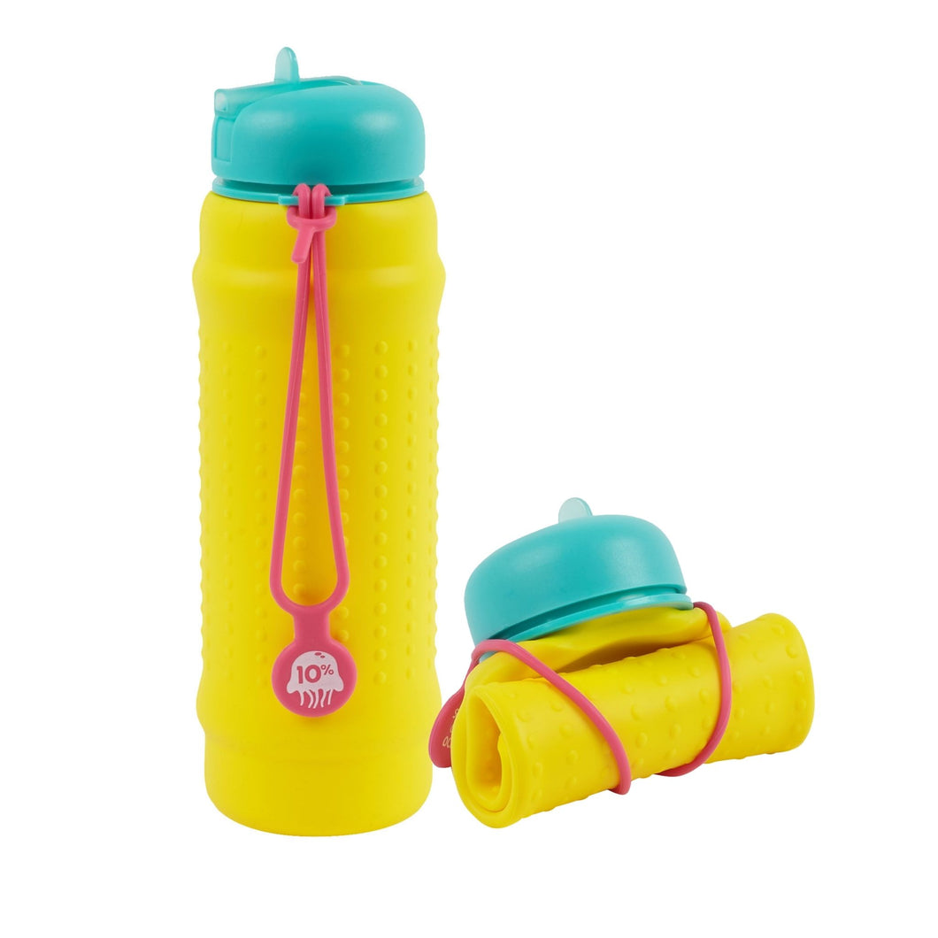 Collapsible water bottle in bright colours made from premium food grade silicone called a Rolla Bottle – leak proof and easy to clean - yellow